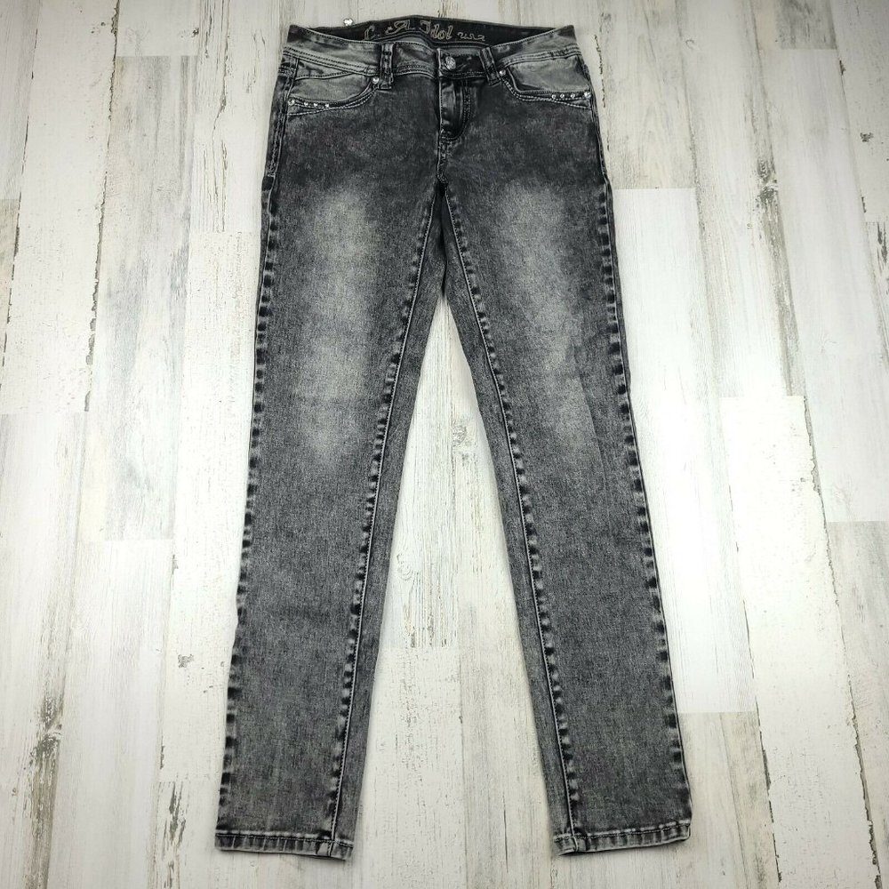 L.A. Idol Black Rhinestone Skinny Jeans Women’s Juniors Size 9 Acid Wash Stretch